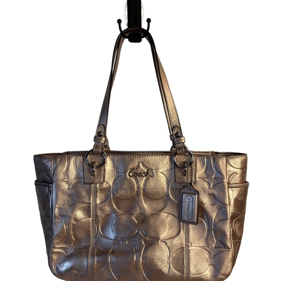 Coach Metallic Gold East West Embossed Signature Leather Tote Bag - Picture 1 of 8